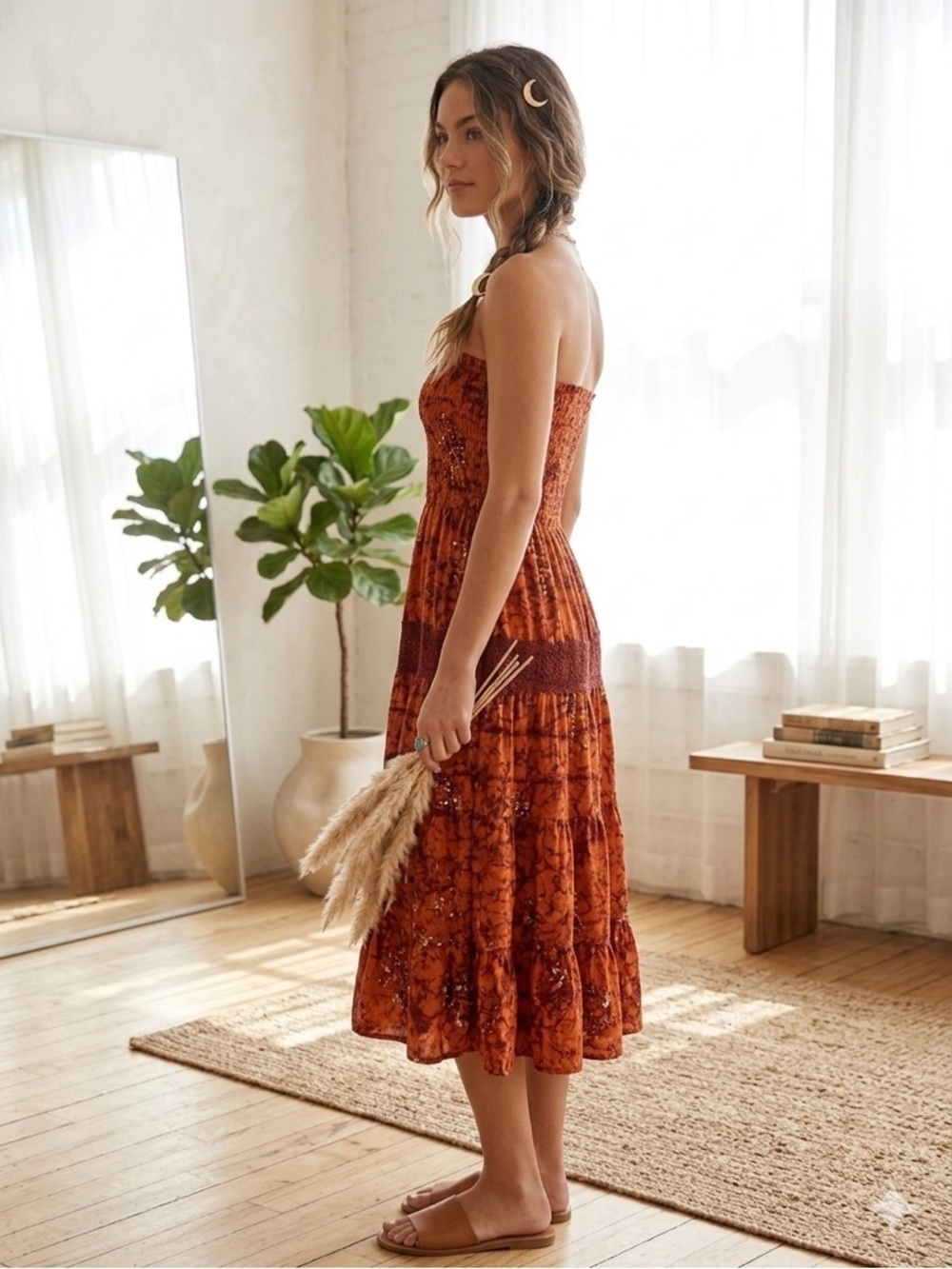 S'Cool Boho Batik Strapless Smocked Maxi Dress Rust Orange Cotton Tiered - Picture 2 of 7